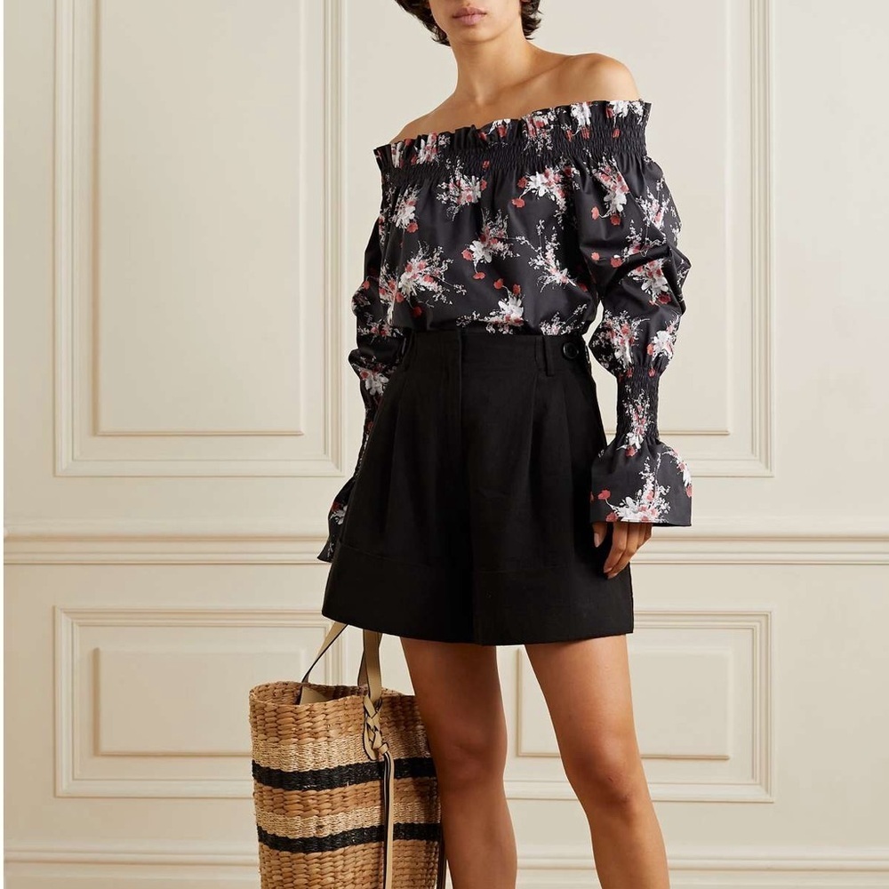 Adam Lippes Off-The-Shoulder Floral Poplin Blouse Romantic Smocked Puff Sleeve